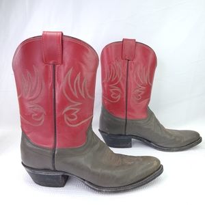 Vintage Olathe Western Boots Red Gray Leather Cowboy Pointed Toe USA Made Sz 9 D